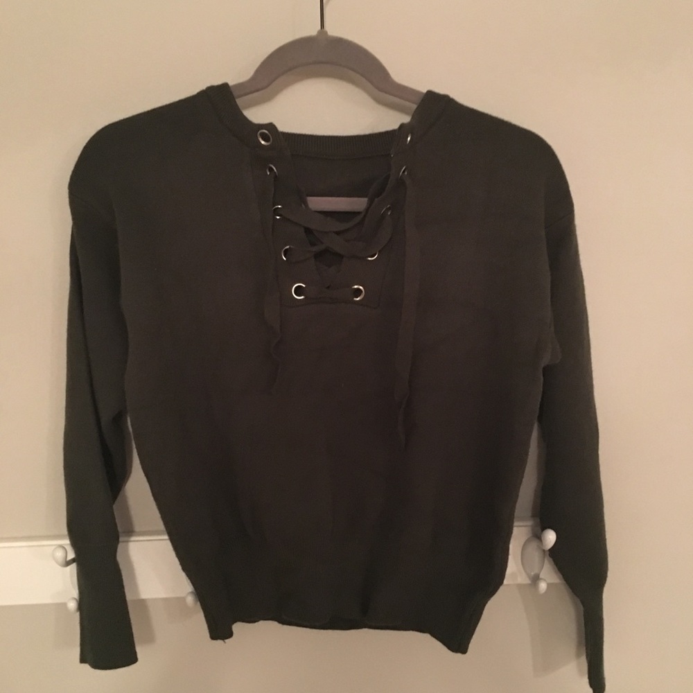 Olive Front Lace-up Sweater